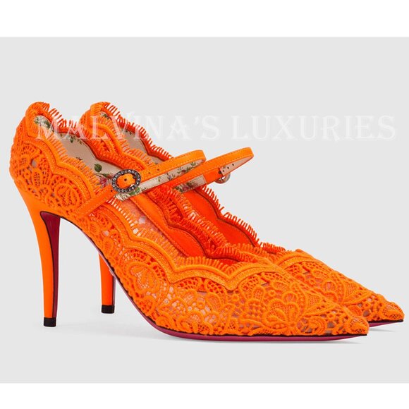 GUCCI SHOES VIRGINIA CORDED LACE MARY JANE POINTY PUMPS CRYSTAL sz 37 6.5 US - Picture 12 of 14